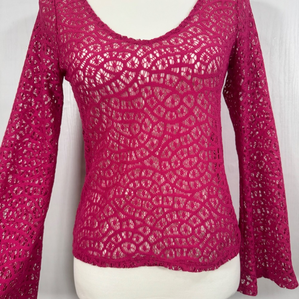 Hollister Boho Y2K Women Crochet Knit Top Bell‎ Sleeve Deep V Neck Sweater Sz XS - Picture 7 of 12